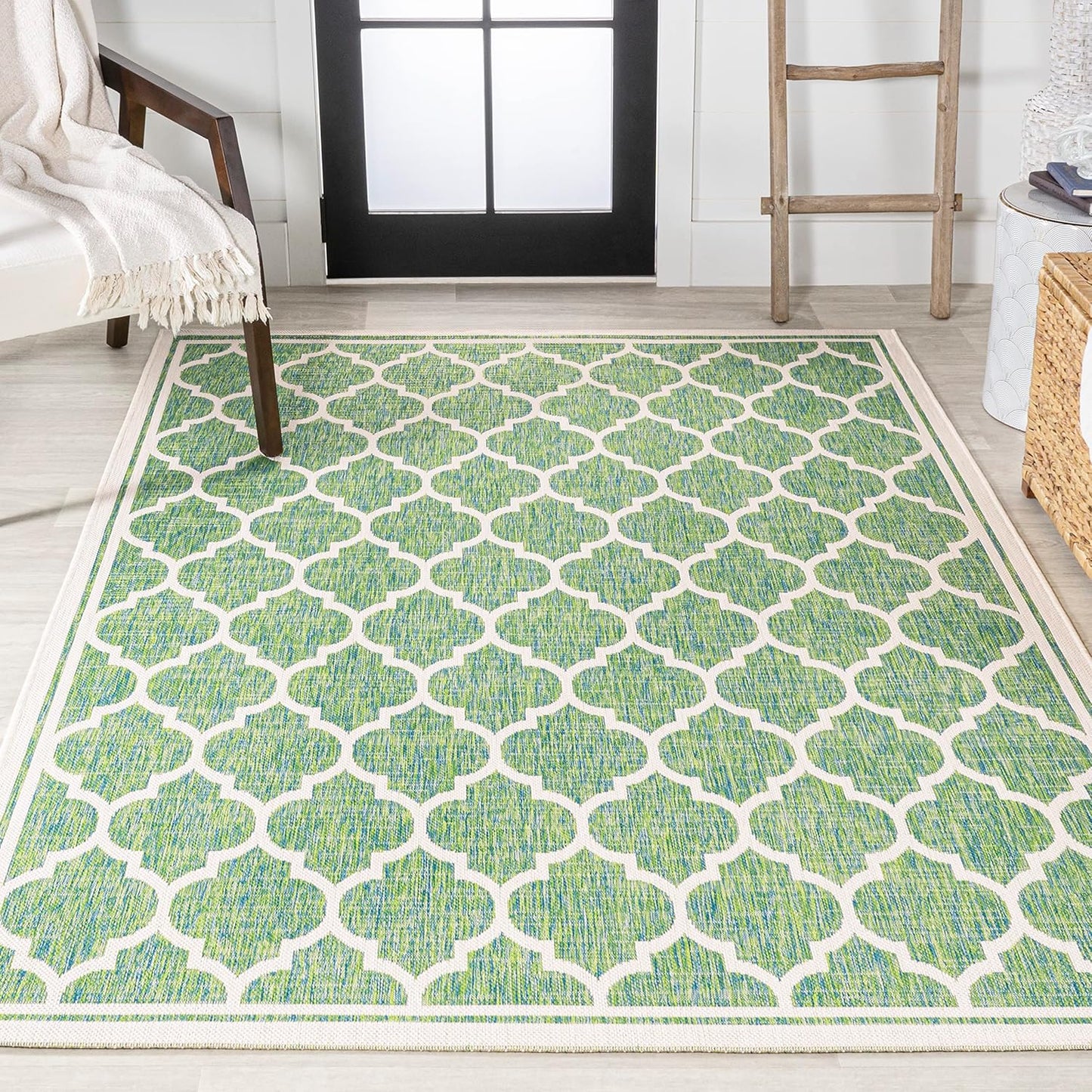 Eyely BMS109I-5 Santa Monica Trebol Moroccan Trellis Textured Weave Indoor/Outdoor Area Rug Coastal;Bohemian, Bedroom, Backyard, Patio, Easy-Cleaning, Non-Shedding, 5 X 8, Cream/Green