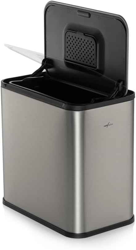RED FACTOR Stainless Steel Hanging Trash Can with Lid and Inner Bucket – Slim 1.3 Gallon Odor-Free Compost Bin for Kitchen Cabinet, Countertop, Under Sink, or Bathroom (Metallic Gray)