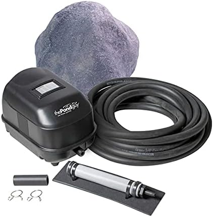 The Pond Guy Pond Aerator 1, Complete Aeration Kit, Add Oxygen to Koi & Fish Water Garden Ponds, Outdoor Diaphragm Compressor Pump, Air Line, Faux Grey Stone Rock Cover & 1 Submersible Diffuser Stick
