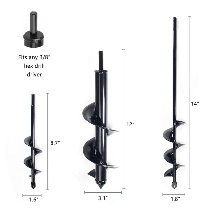 Utoolmart Auger Drill Bit for Planting Set of 3, (1.6x8.7, 1.8x14, 3.1x12) Easy Planter Garden Auger - Bulb & Bedding Plant Augers - Posthole Digger for 3/8” Hex Drive Drill