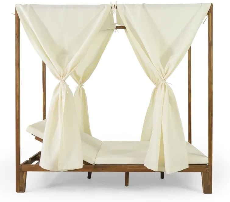 kevinplus Outdoor Patio Sunbed Daybed with Adjustable Reclining Chaise Lounge & Water-Resistant Canopy & Curtain, Solid Wood Construction, Cream White