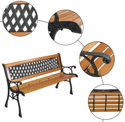 Outvita 49.5in Garden Bench, Deck Hardwood Seat and Metal Armrest Park Bench for Patio Front Porch Path Yard Lawn Poolside (Rhombic)