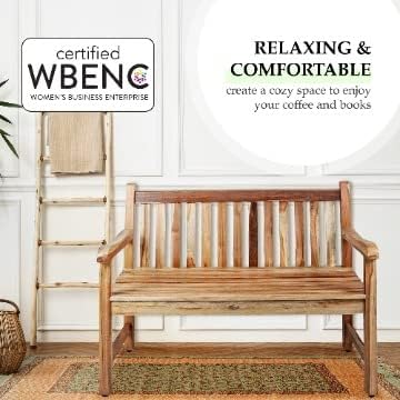 EcoDecors Hampstead 51 inch Heath Outdoor Bench Teak Wood Garden Bench for Patio with Armrests and Backrest for Indoor Use and Outdoor, in Natural Color