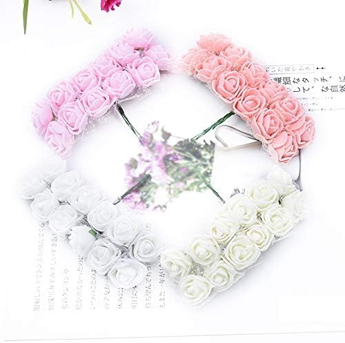 Mini Fake Rose Flower Heads 144pcs Mini Artificial Roses DIY Wedding Flowers Accessories Make Bridal Hair Clips Headbands Dress (Bottom add Gauze) White
