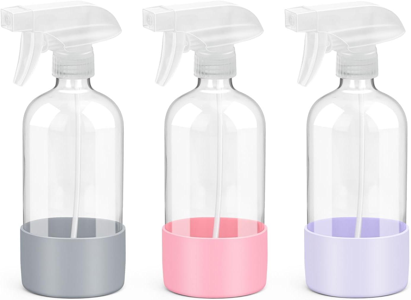 Glass Spray Bottles with Silicone Sleeve Protection, Empty 16 oz Refillable Containers, Reusable Spray Bottles for Hair, Cleaning Solutions, 3 Pack Grey&Pink&Purple
