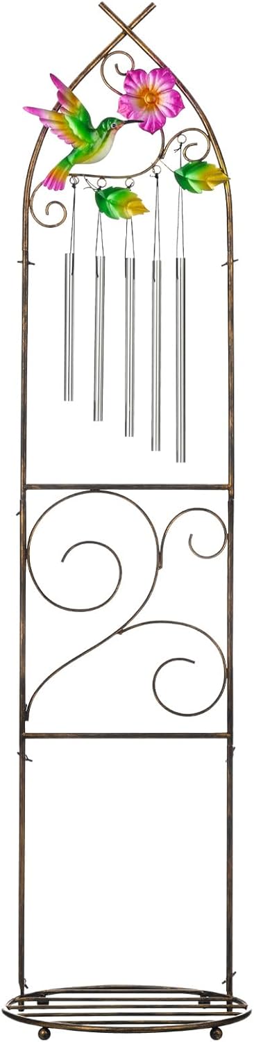 Plant Stands with Garden Trellis, 48” Metal Standing Wind Chimes Plant Pot Trellis with Hummingbird for Garden Patio Backyard Climbing Plants Outdoor Decor