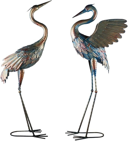Garden Cranes Statue Retro Animal Sculpture Standing Metal Crane Garden Decoration Metal Yard Art for Yard Outdoor Decoration Set of 2