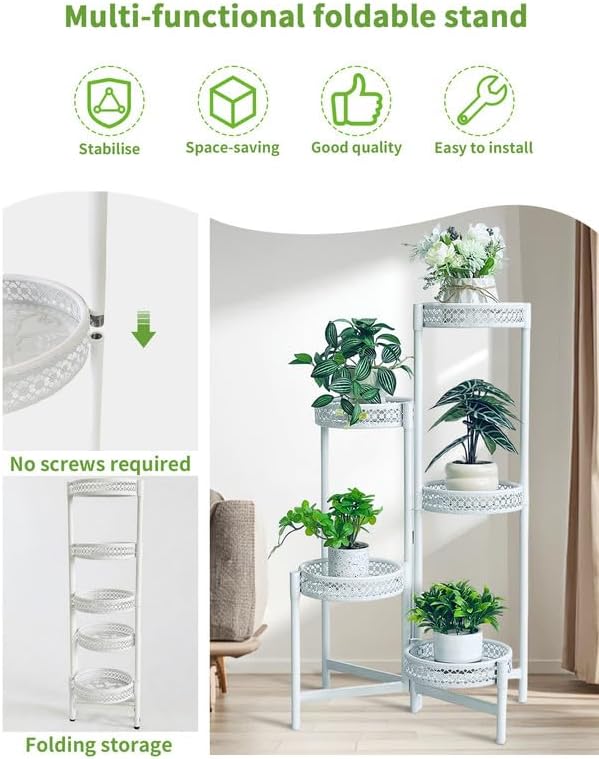 Metal Plant Stand Indoor Outdoor, 5 Tier Tall Flower Pot Holder Potted Display Rack Shelf, Heavy Duty Corner Plant Shelf for Patio Garden Balcony Living Room Bedroom - WhiteWave
