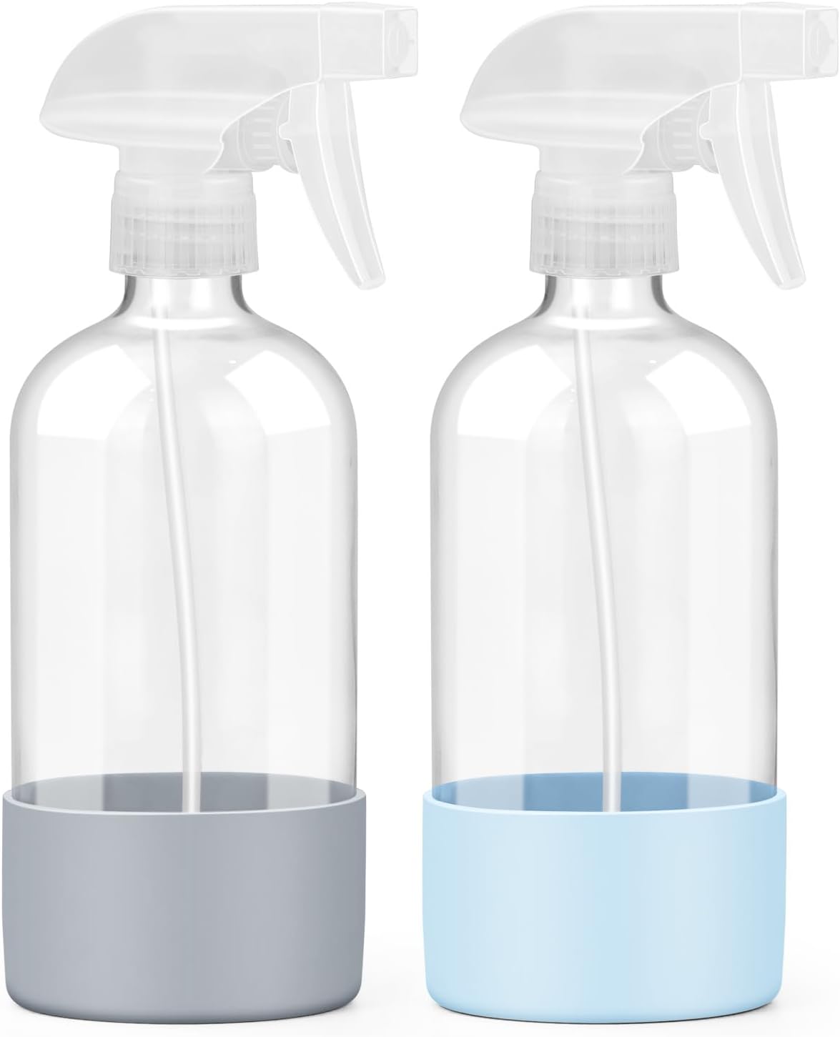 2 Pack Glass Spray Bottles with Silicone Sleeve, 16 oz Empty Refillable Containers with Adjustable Spray Nozzles, Spray Bottles for Hair, Cleaning Solutions and Plants Blue&Grey