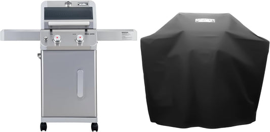 Monument Grills 2-Burner Stainless Steel Liquid Propane Gas Grill, Two Foldable Shelves Patio Garden Barbecue Grill with Clearview® Lid, Knob Control, Mesa200S with BBQ Cover