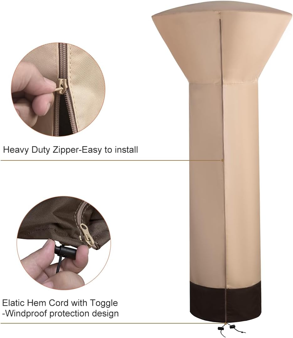 Vailge Patio Heater Covers with Zipper and Storage Bag,Heavy Duty 600D Oxford Waterproof Outdoor Heater Cover Wind-Resistant Dustproof UV-Resistant,Beige & Brown,89'' Height x 33" Dome x 19" Base