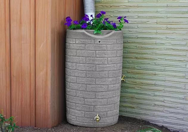 Impressions Downton Rain Barrel, 50 Gallon Capacity, Brick Pattern, with Brass Spigots (Light Granite)
