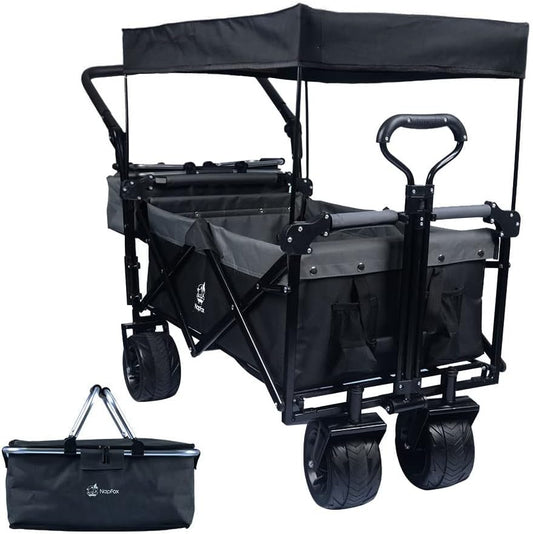 Collapsible Wagon Heavy Duty Folding Wagon Cart with Removable Canopy, 4" Wide Large All Terrain Wheels, Brake, Adjustable Handles,Cooler Bag Utility Carts for Outdoor Beach Cart Garden Wagons Carts