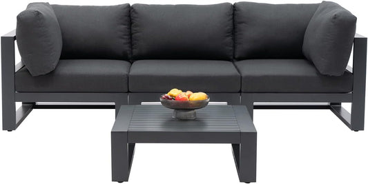 Modern 3 Seater Sofa Outdoor Sectional Sofa Set with Square Coffee Table Patio Conversation Sofa Sets for Garden Backyard, Dark Grey Cushions