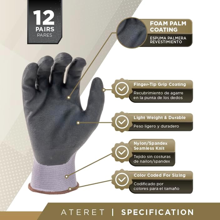 ATERET Work Gloves 12 Pairs Micro-Foam Nitrile Coated Safety Gloves, Seamless Knit Nylon Gloves Home Improvement General Use