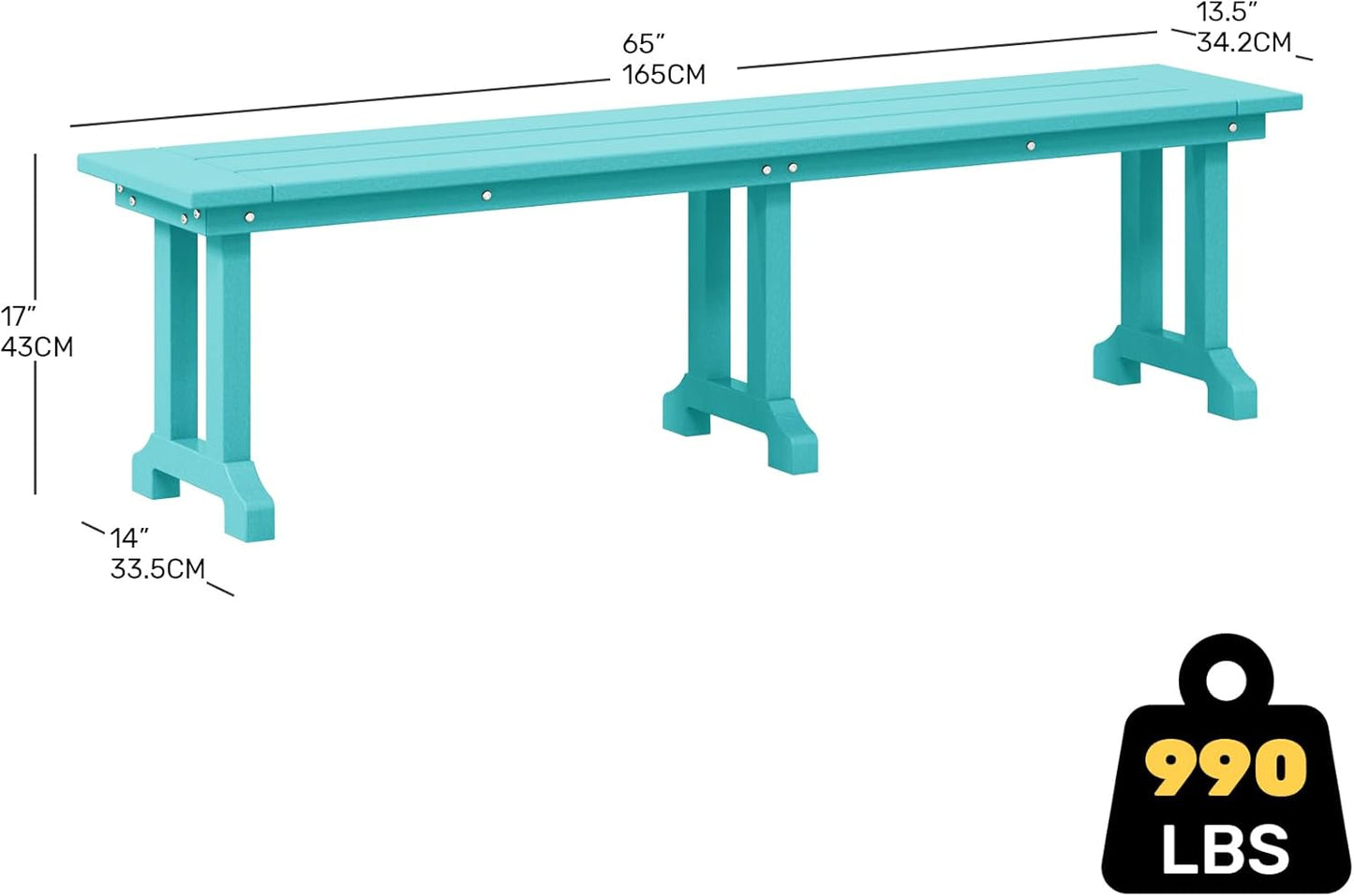 Outdoor Benches Weatherproof, Park Long Bench Poly Lumber Backless for Entryway Front Porch Garden Bench Seat for Patio, Turquoise