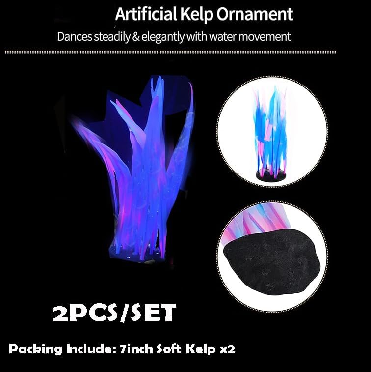 2Pcs Soft Silicone Aquarium Plants Glowing Kelp Fish Tank Plants Decor Artificial Aquarium Plant Decoration Simulation Artificial Water Grass for Fish Tank,Blue,7inch