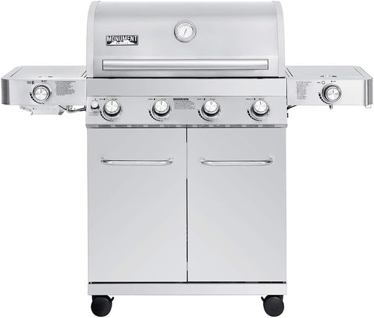 Monument Grills Larger 4+2 Burner Propane Gas Grills Stainless Steel Cabinet Style with Side & Side Sear Burners, Built-In Thermometer, and Knob Controls