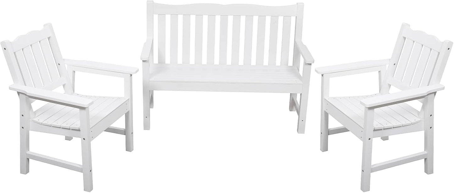 Stoog 3 Pieces All-Weather Patio Furniture Set, Include 2 Outdoor Chairs and 1 Outdoor Bench, White