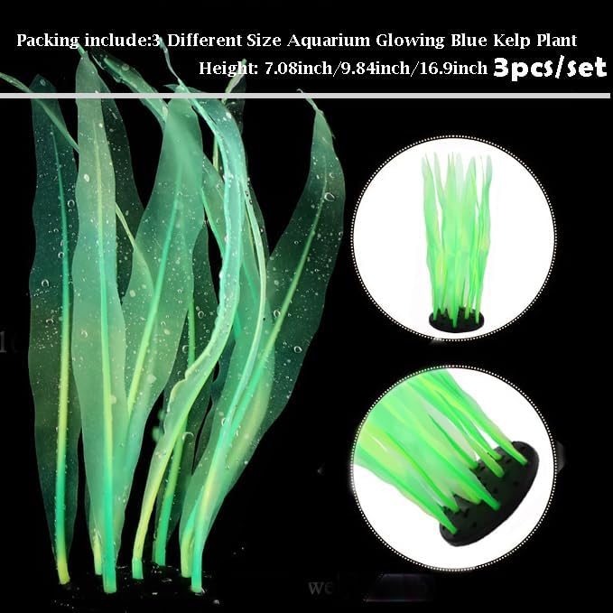 3Pcs Soft Silicone Aquarium Plants Set Glowing Kelp Fish Tank Plants Decor Artificial Green Aquarium Plant Simulation Artificial Water Grass for Fish Tank,7.08in9.84in16.9in
