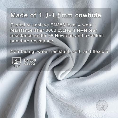 12 Pairs Bulk Leather Work Gloves for Men or Women for Construction, Wood cutting, Driving, Gardening, Automotive Repair, Soft, Cowhide, Class 4 Abrasion Resistant, Blue-White, XXL.