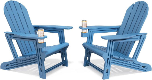 Adirondack Chairs Set of 2, Tool-Free Assembly All-Weather Plastic Adirondack Chairs, HDPE Fire Pit Chairs with Cup Holder, Outdoor Chair for Patio Garden (Blue)
