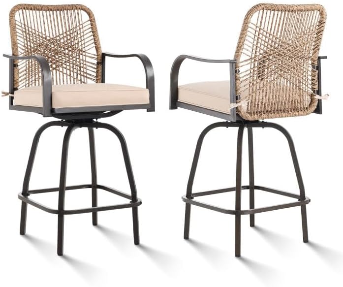Outdoor Bar Stools Set of 2, Patio Swivel Counter Height Rattan Bar Stools, Patio Wicker Bar Swivel Chairs with Cushion, Outdoor Pool Bar Chairs for Backyard Garden Balcony w /360 Rotation
