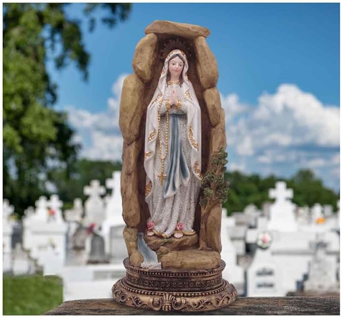 MeritMode Virgin Mary Collectible Figurines - Our Lady of Lourdes in Grotto Design, Handcrafted Resin Religious Gifts Decor for All Faiths, 12.5" H