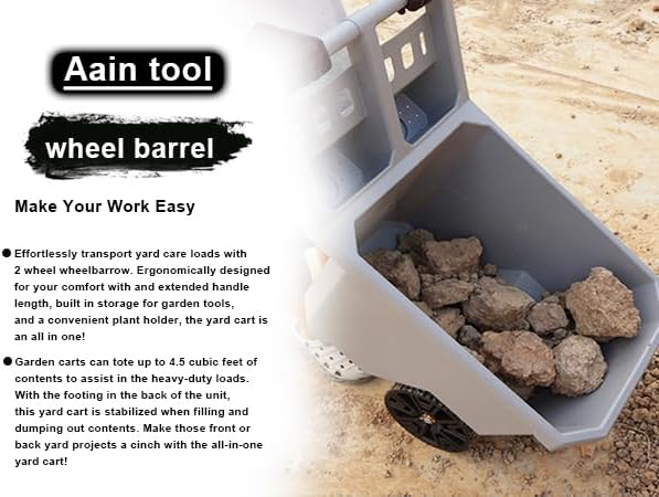 AAIN 2-Wheel Wheelbarrow, 300 LB Capacity Heavy Duty Yard Cart with 9" Maintenance-Free Solid Tires, Push/Pull Design, Durable Trash Cart for Outdoor Use - Grey