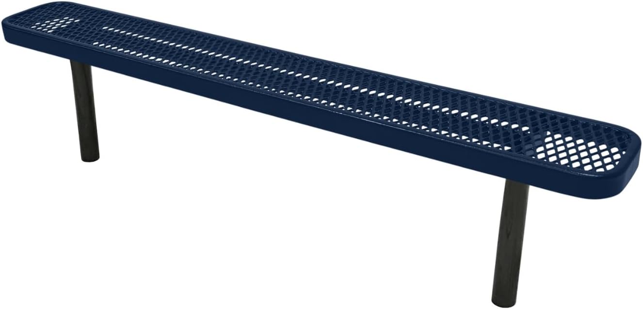 Heavy-Duty Outdoor Bench Thermoplastic Coated, Expanded Metal, Commercial-Grade Seating, Made in America (Inground Without Back, 6 Ft, Textured Dark Blue)