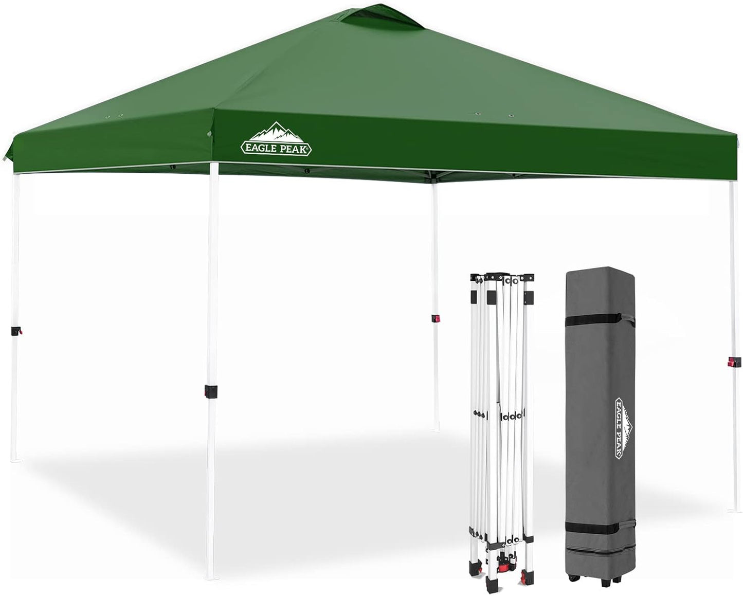 EAGLE PEAK Pop Up Canopy Tent with Wheeled Carry Bag, 8 Stakes, 4 Ropes, 4 Weight Bags, Easy Set Up Tent Canopy, 10x10 ft, 100sqft of Shade, Green