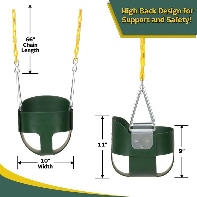 Eastern Jungle Gym Heavy-Duty High Back Full Bucket Toddler Swing Seat | Coated Swing Chains Fully Assembled | Green Swing Set Accessory