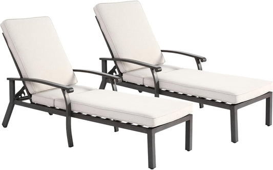 Outdoor Chaise Lounge with 5-Level Adjustable Backrest Set of 2, Durable Aluminum Patio Chair with Waterproof Cushion & Wheels for Garden, Poolside, Beige