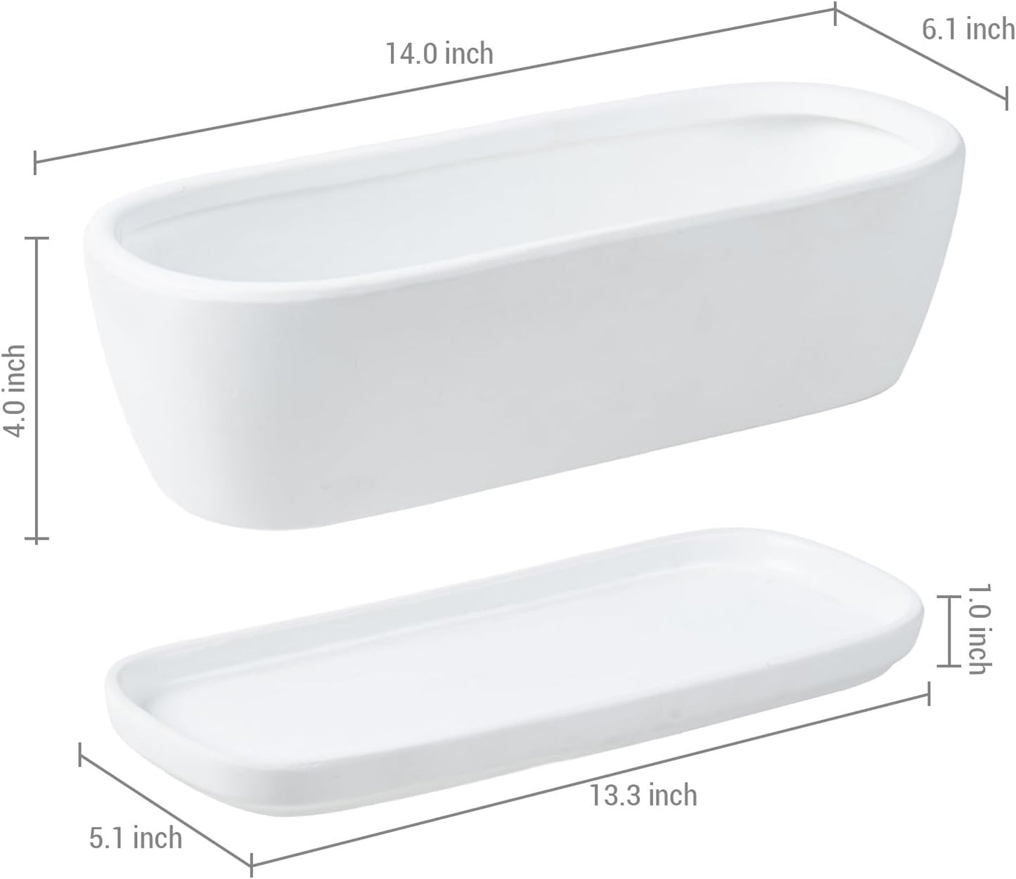 MyGift 14 Inch Oval Modern Matte White Ceramic Succulent Planter Pot with Drainage Hole and Removable Saucer, Decorative Indoor House Plant Container for Flowers, Cactus, Herbs