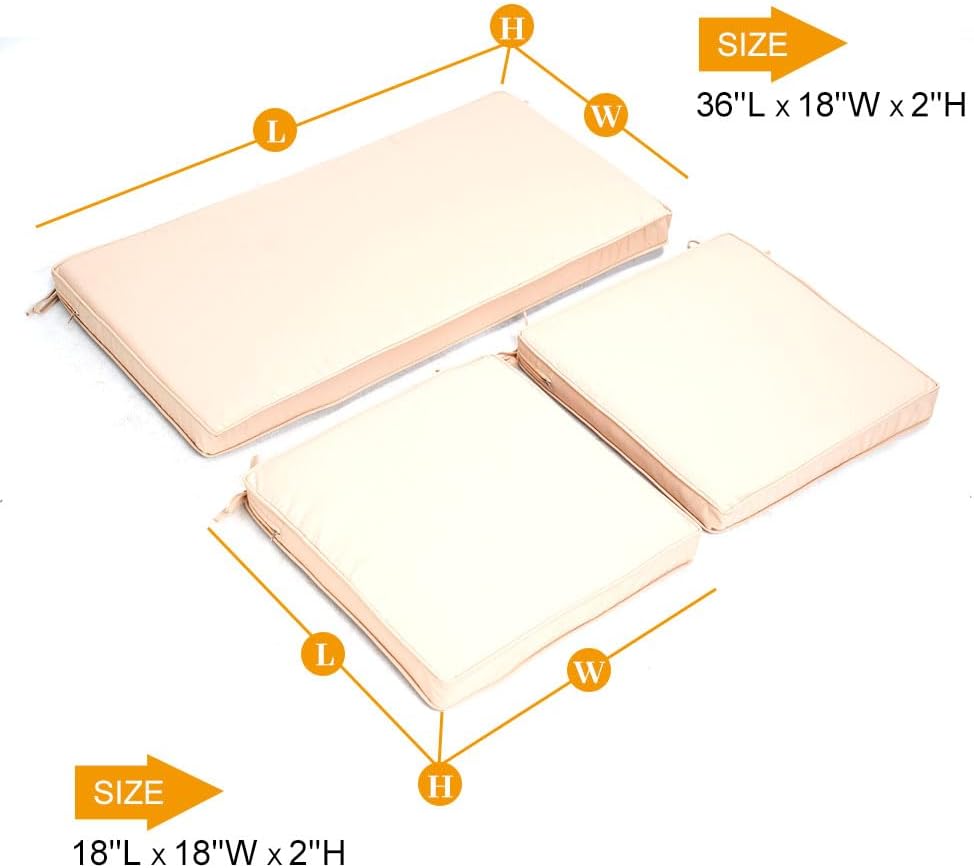 3-Pack Outdoor Patio Furniture Replacement Cushion Set–High-Elastic Sponge Cushions Fit 4-Piece Wicker Rattan Sofa, Loveseat & Chairs, 36x18x2 & 18x18x2, Waterproof, Fade-Resistant (Khaki)
