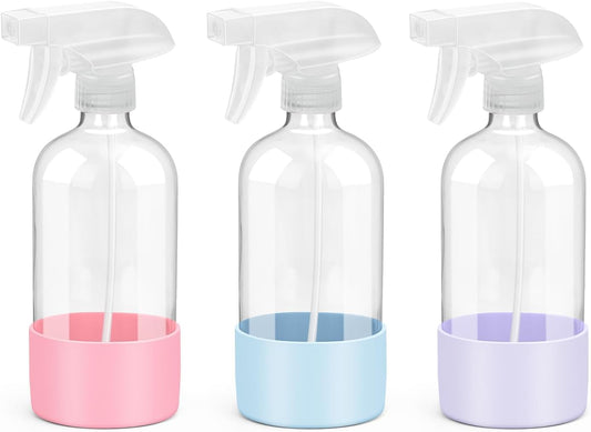 Glass Spray Bottles with Silicone Sleeve Protection, Empty 16 oz Refillable Containers, Reusable Spray Bottles with Adjustable Nozzle for Hair, Cleaning Solutions, 3 Pack Pink&Blue&Purple