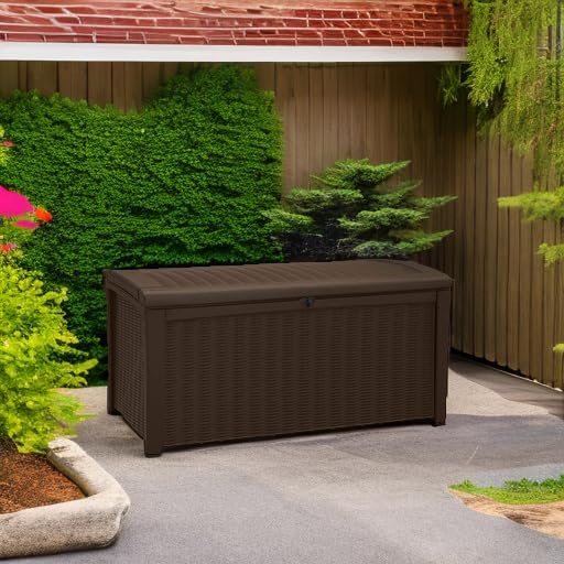 Keter Outdoor Storage Deck Box, for Patio, Backyard & Garden, Borneo, 110 Gallon, Brown - Lockable, Organizing, and Waterproof Plastic Container Bench