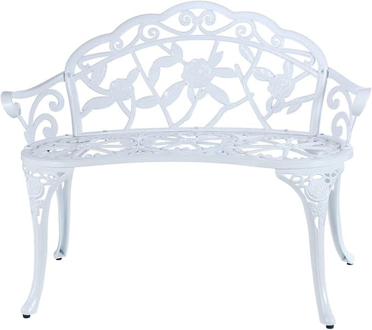 JARDIN DE CENTENNIAL Patio Garden Bench Metal Park Bench Cast Aluminum Outdoor Furniture with Floral Rose for Patio,Park,Lawn,Yard (White)