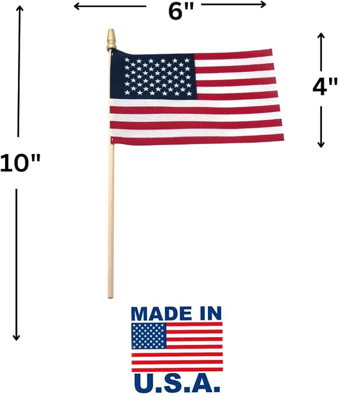 American Flags on Stick - Handheld Spearhead US Flag for 4th of July, Memorial Day Event Decorations - Patriotic Decor for Indoors & Yard - Wooden Stick, Cotton Fabric - (4"X6" - 144 Pack)