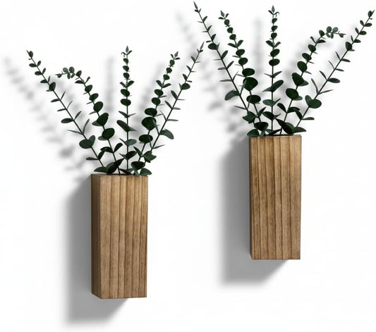 2 Pieces Wooden Wall Hanging Plant Pots Vase Contains Artificial Green Plants for Indoor Fake Plants Greenery Flowers, Modern Planters for Bathroom, Living Room, Kitchen Decor, (Wood Color)