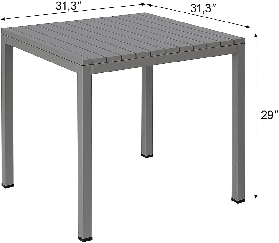 Plastic Outdoor Dining Table with Metal Legs, Weather Resistance, Home Patio Table, Restaraunt Outdoor Table, Quick Assembly (Grey)
