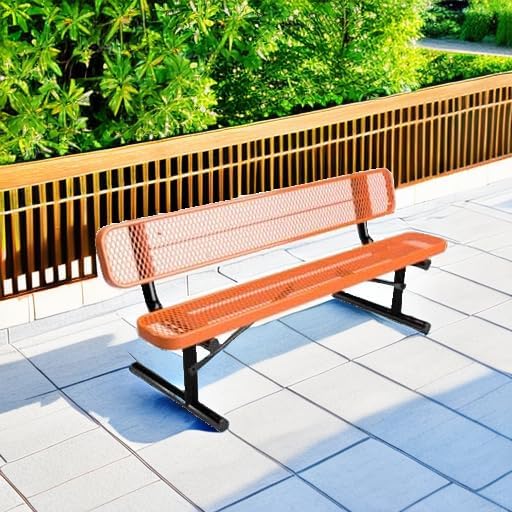 Coated Outdoor Furniture Heavy-Duty Portable Outdoor Bench Thermoplastic Coated, Expanded Metal, Commercial-Grade Seating, Made in America (Portable with Back, 6 Ft, Orange)