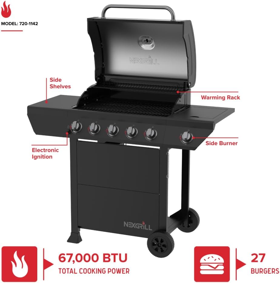 Nexgrill 5-Burner Gas Grill with Side Burner, 67,000 BTUs, 618 SQ. In. Cooking Area, Propane BBQ Grill with Stainless Steel Panel for Outdoor Cooking, Patios, and More - 720-1142