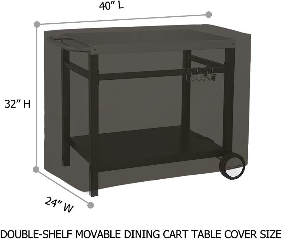 Outdoor Dining Cart Cover for Royal Gourmet Double-Shelf Movable Prep Grill Side Table Heavy Duty Waterproof Cover for Stainless Steel Top BBQ Pizza Oven Kitchen Work Table, Black
