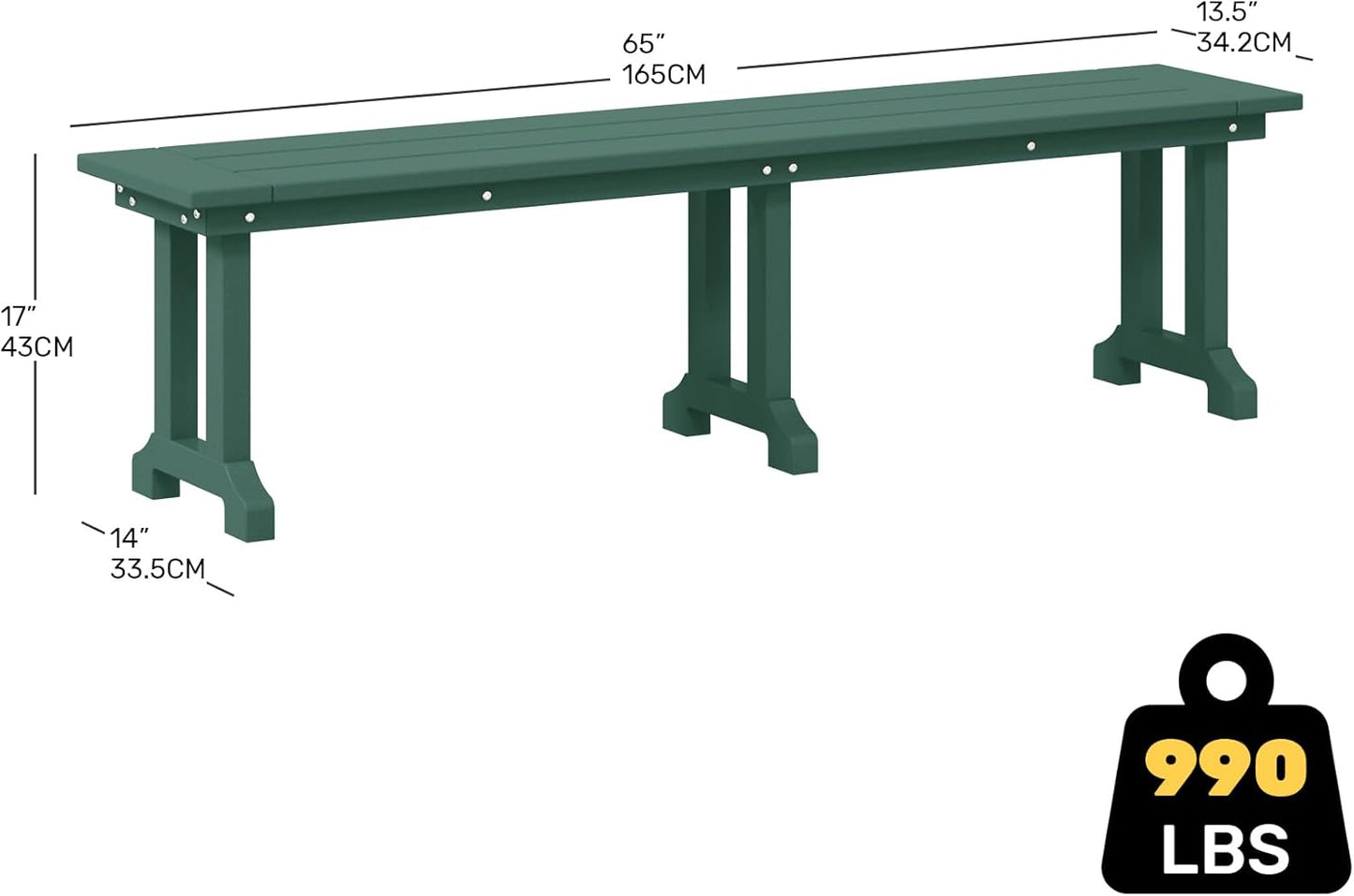 Outdoor Benches Weatherproof, All Weather Resistant Park Bench Poly Lumber Backless Garden Bench Seat for Entryway Front Porch, Dark Green