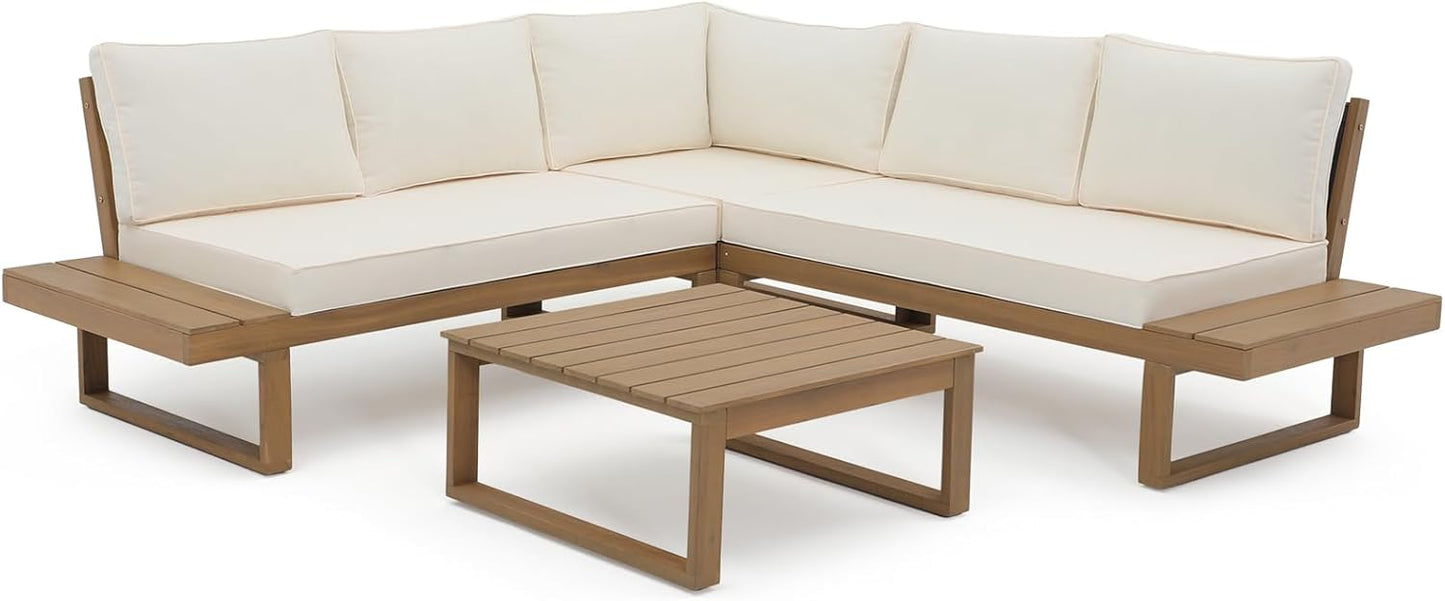 Soleil Jardin 4 Piece Acacia Wood Patio Furniture L-Shaped Outdoor Sectional Sofa Set with Coffee Table, FSC Certified Conversation Set with Built-in Side Table and Cream White Cushions for Garden