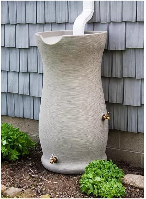 Impressions Corsican Decorative Rain Barrel, 50 Gallon Capacity,Unique Textured White Ceramic Look with Brass Spigots Finish, Modern Design
