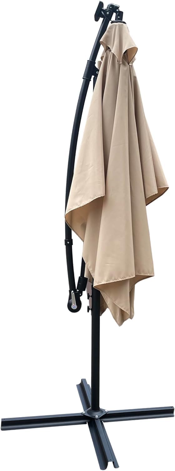 10x6.5FT Patio Umbrella, Outdoor Offset Umbrella with Cross Base and Crank, Rectangular Cantilever Umbrella with Solar Lights, Hanging Market Umbrella with 6 Rids for Pool, Deck, Backyard (Tan)