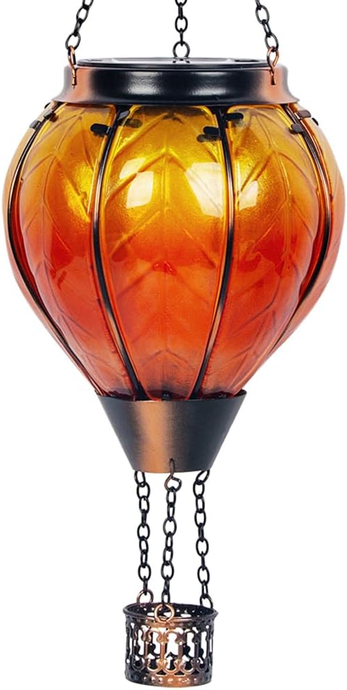 Starsoul Orange Solar Hot Air Balloon Lantern Glass Hot Air Balloon Solar Lantern with Flickering Flame Light Outdoor Solar Hanging Lights Waterproof for Garden Yard Patio