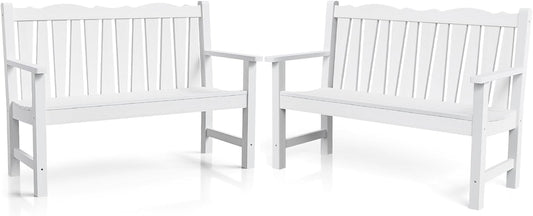 Outdoor Bench Set of 2, Weatherproof Garden Benches for Outdoors, All Weather HIPS Patio Bench Holds up to 800lbs, Never Rot or Fade, Comfort Bench for Porch Garden Patio Yard and Park(White)